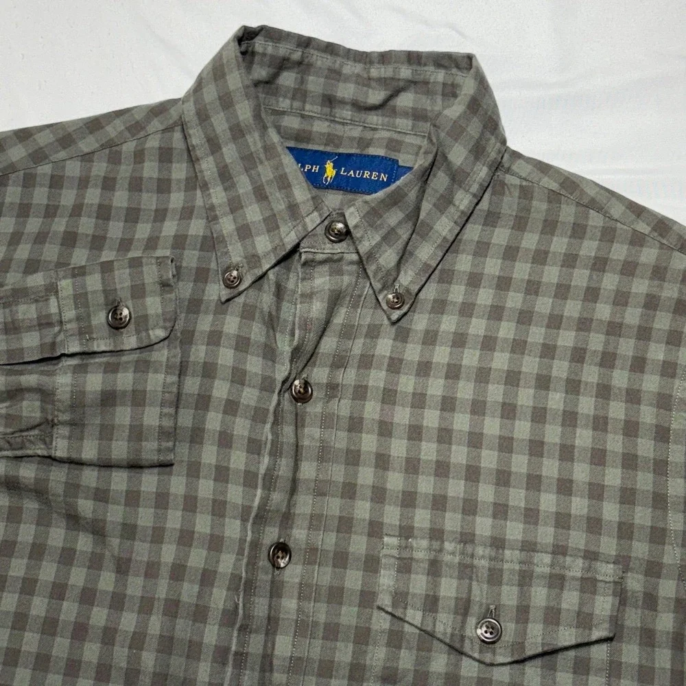 Polo Ralph Lauren Button Down Shirt Mens Small Olive Green Gingham‎ Check Cotton